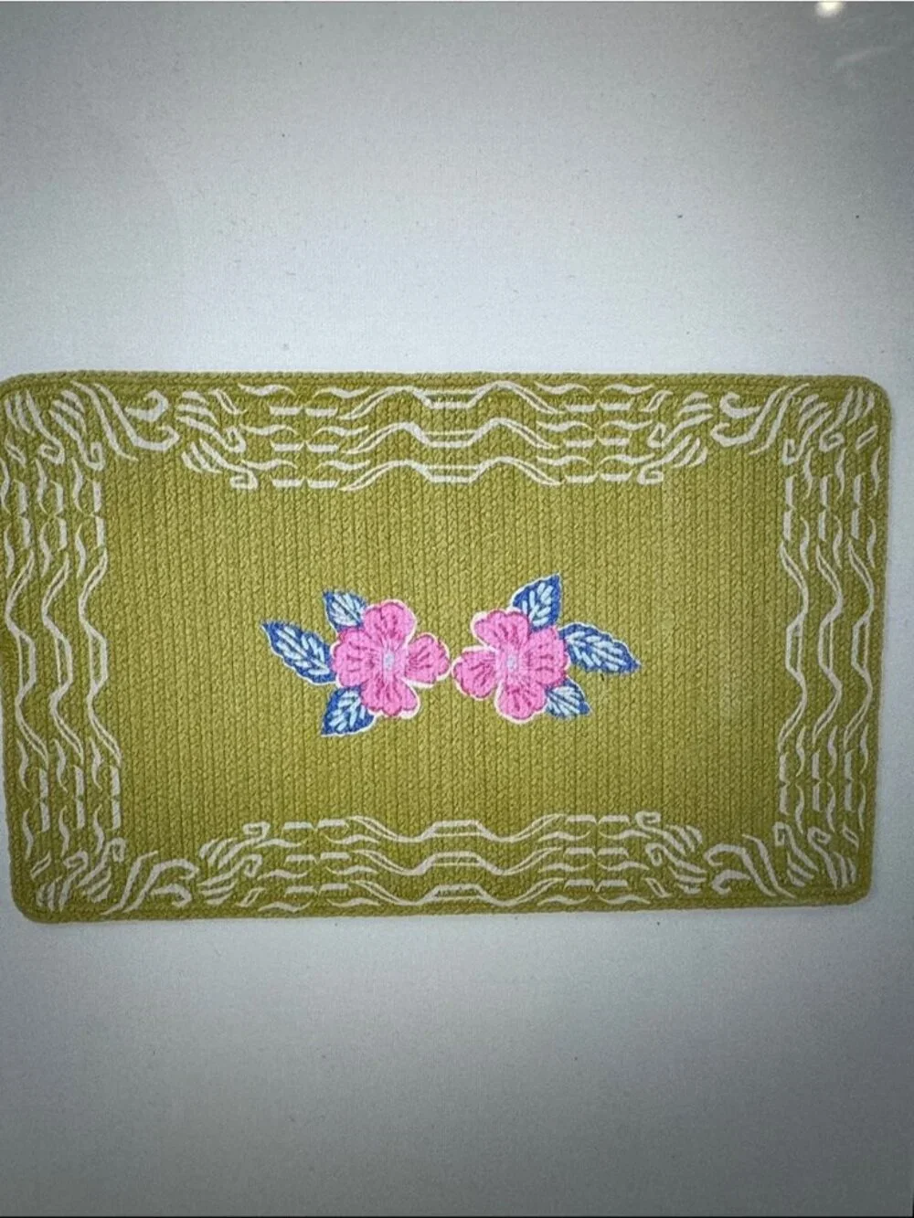 Anthropologie Olive Green Bath Mat with Pink Floral Embroidery